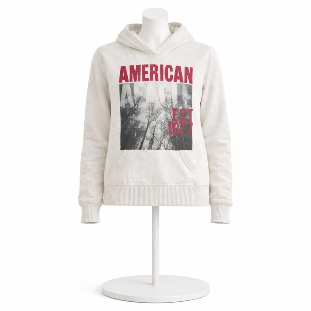 Vintage American Eagle Graphic Hoodie XL Cream White Red Y2K Sweatshirt